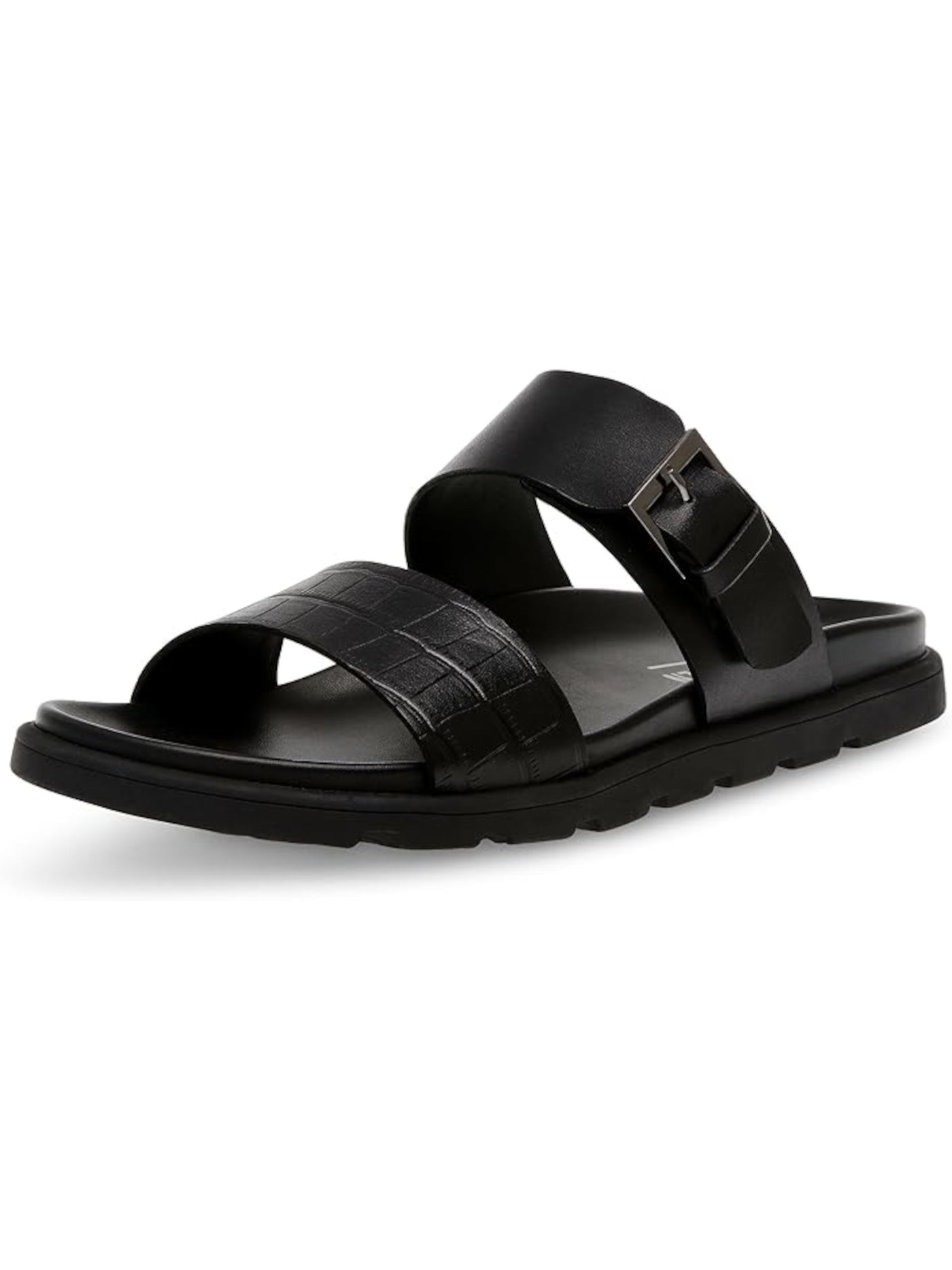 STEVE MADDEN Mens Black Embossed Front Strap Corro Round Toe Buckle Leather Sandals Shoes 10 M