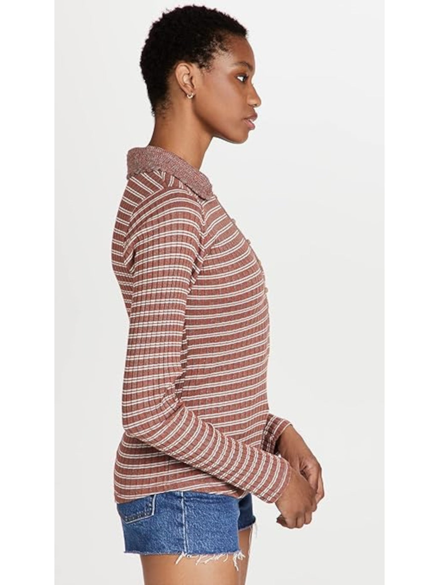 FREE PEOPLE Womens Brown Ribbed Crochet Trim Button Half Placket Striped Long Sleeve Collared Top Juniors XS