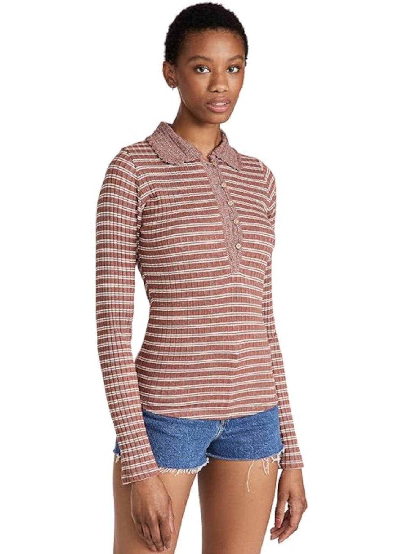 FREE PEOPLE Womens Brown Ribbed Crochet Trim Button Half Placket Striped Long Sleeve Collared Top Juniors XS