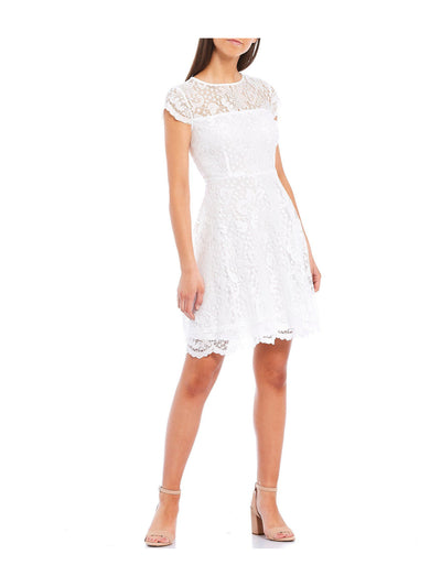 KENSIE DRESSES Womens White Stretch Lace Zippered Sleeveless Crew Neck Above The Knee Party Fit + Flare Dress 6