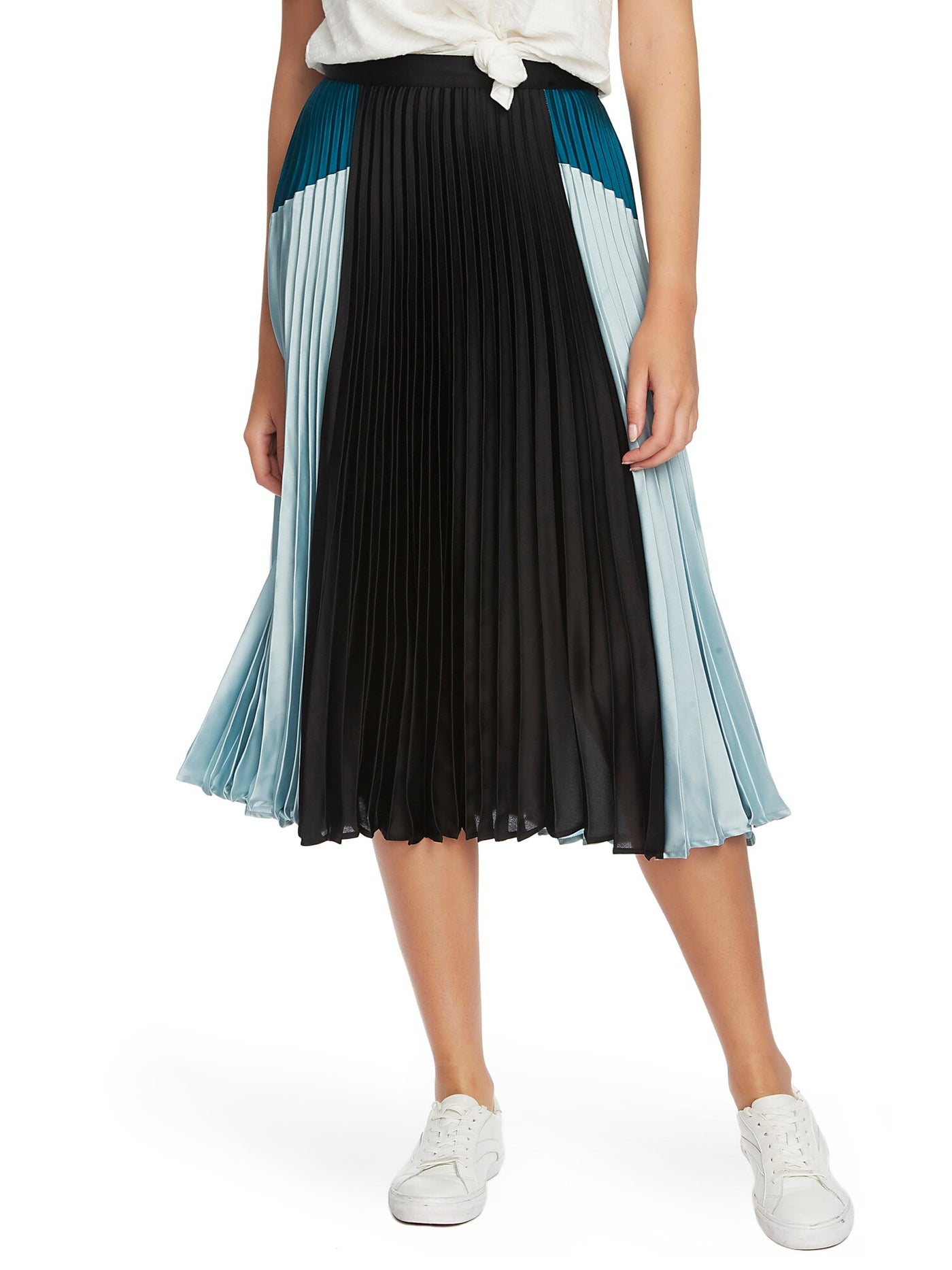 1. STATE Womens Black Zippered Lined Satin Color Block Midi Accordion Pleat Skirt 8