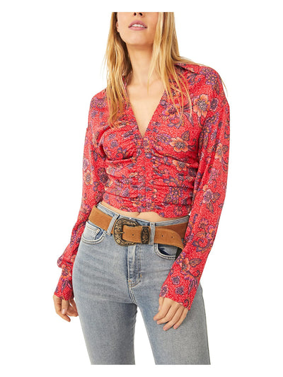 FREE PEOPLE Womens Red Smocked Floral Cuffed Sleeve V Neck Crop Top XL