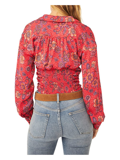 FREE PEOPLE Womens Red Smocked Floral Cuffed Sleeve V Neck Crop Top XL