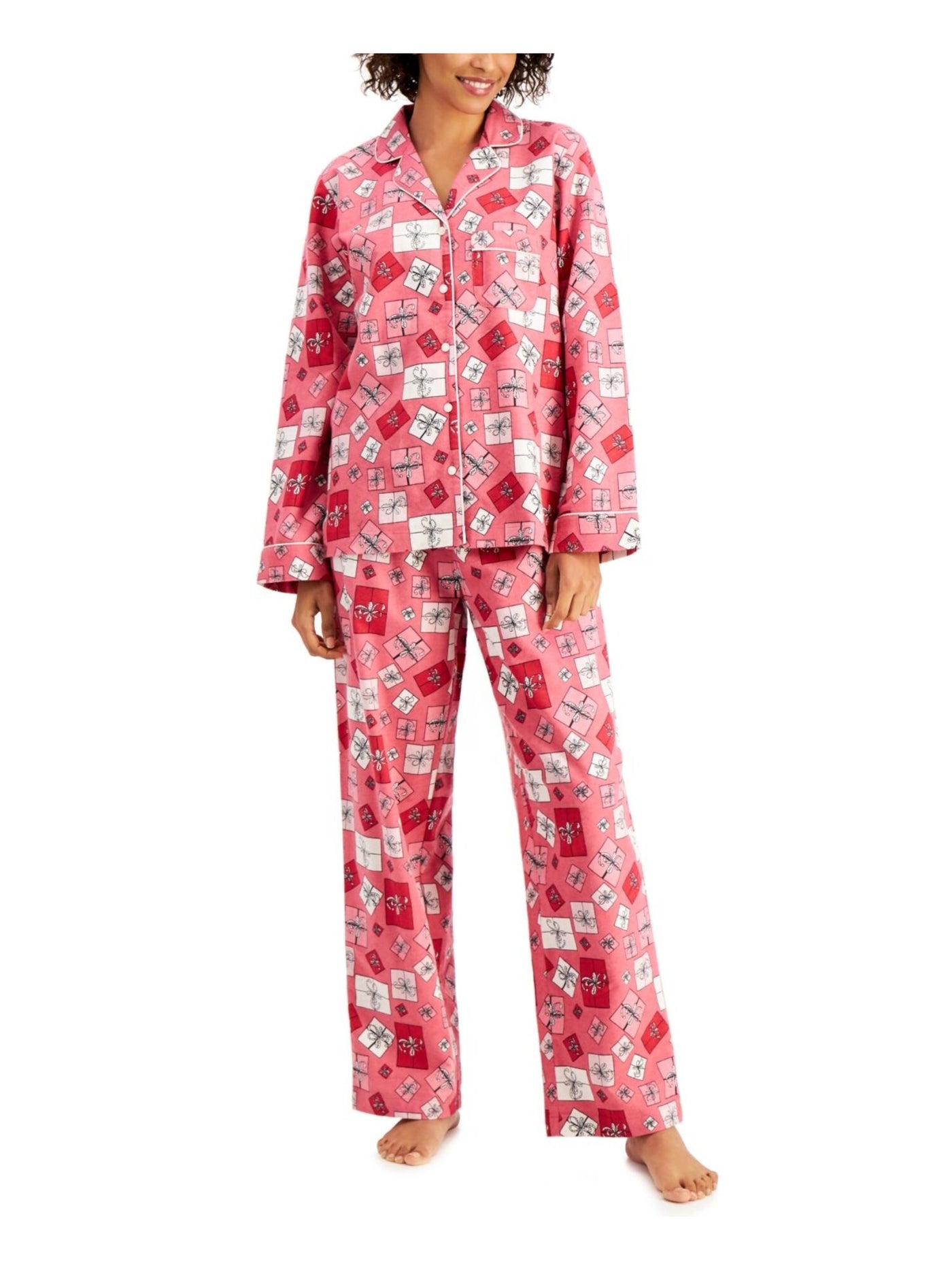 CHARTER CLUB Womens Pink Printed Pocketed Long Sleeve Button Up Top Straight leg Pants Pajamas XS