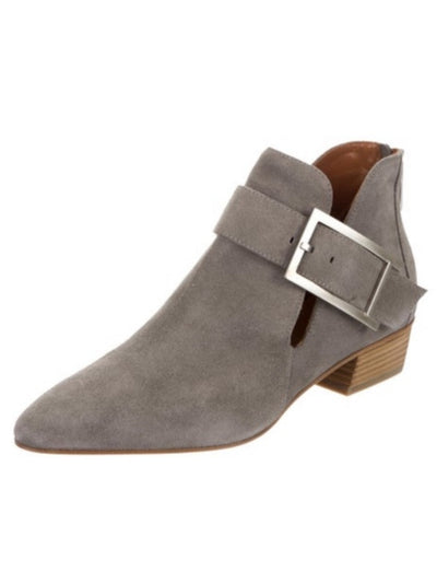 AQUATALIA Womens Gray Buckle Accent Cut Out Filomena Round Toe Block Heel Zip-Up Leather Booties 7.5 M