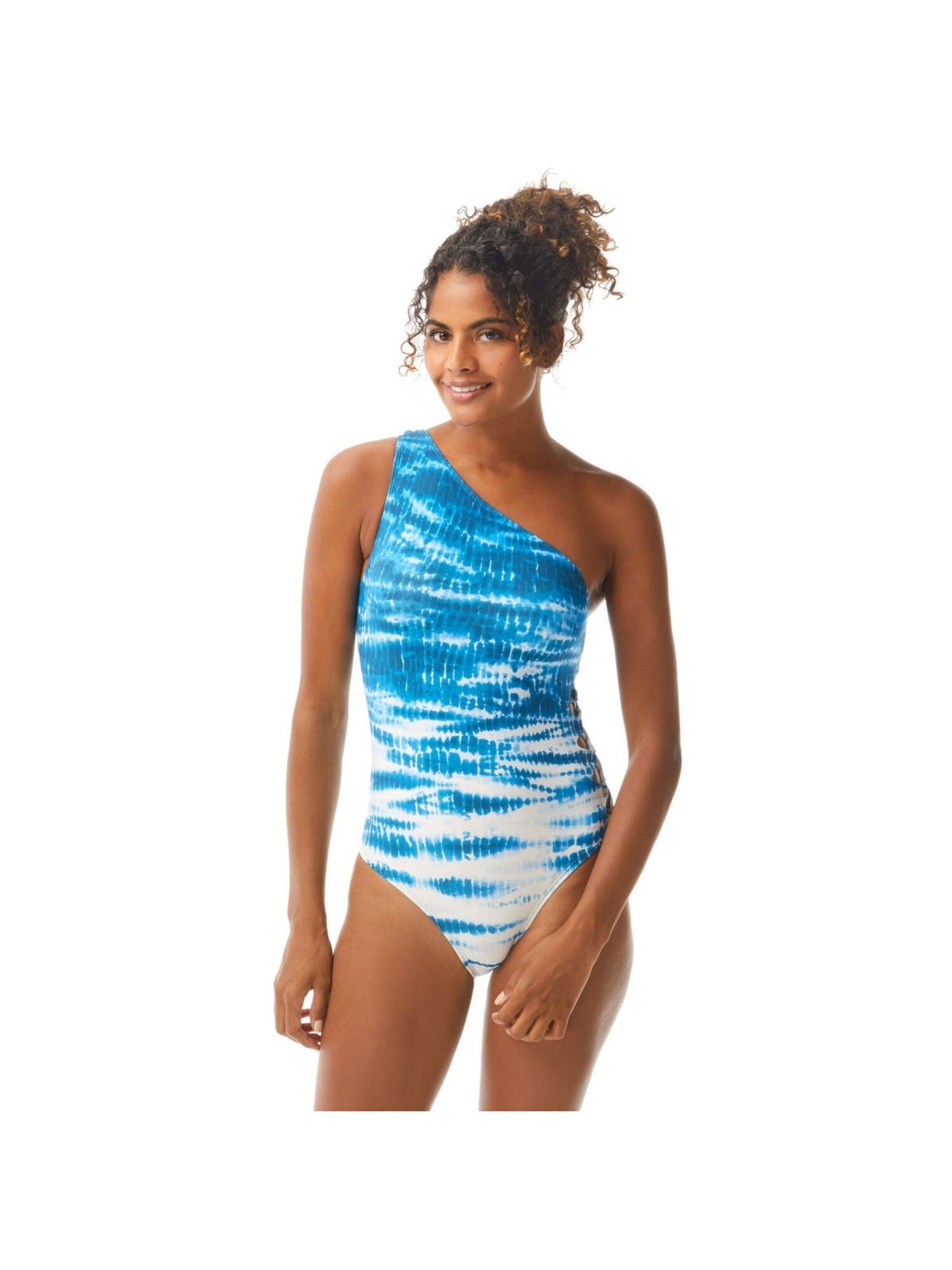 VINCE CAMUTO Women's Blue Tie Dye Stretch Lined Strappy-Side Moderate Coverage Cutout One Shoulder One Piece Swimsuit 4