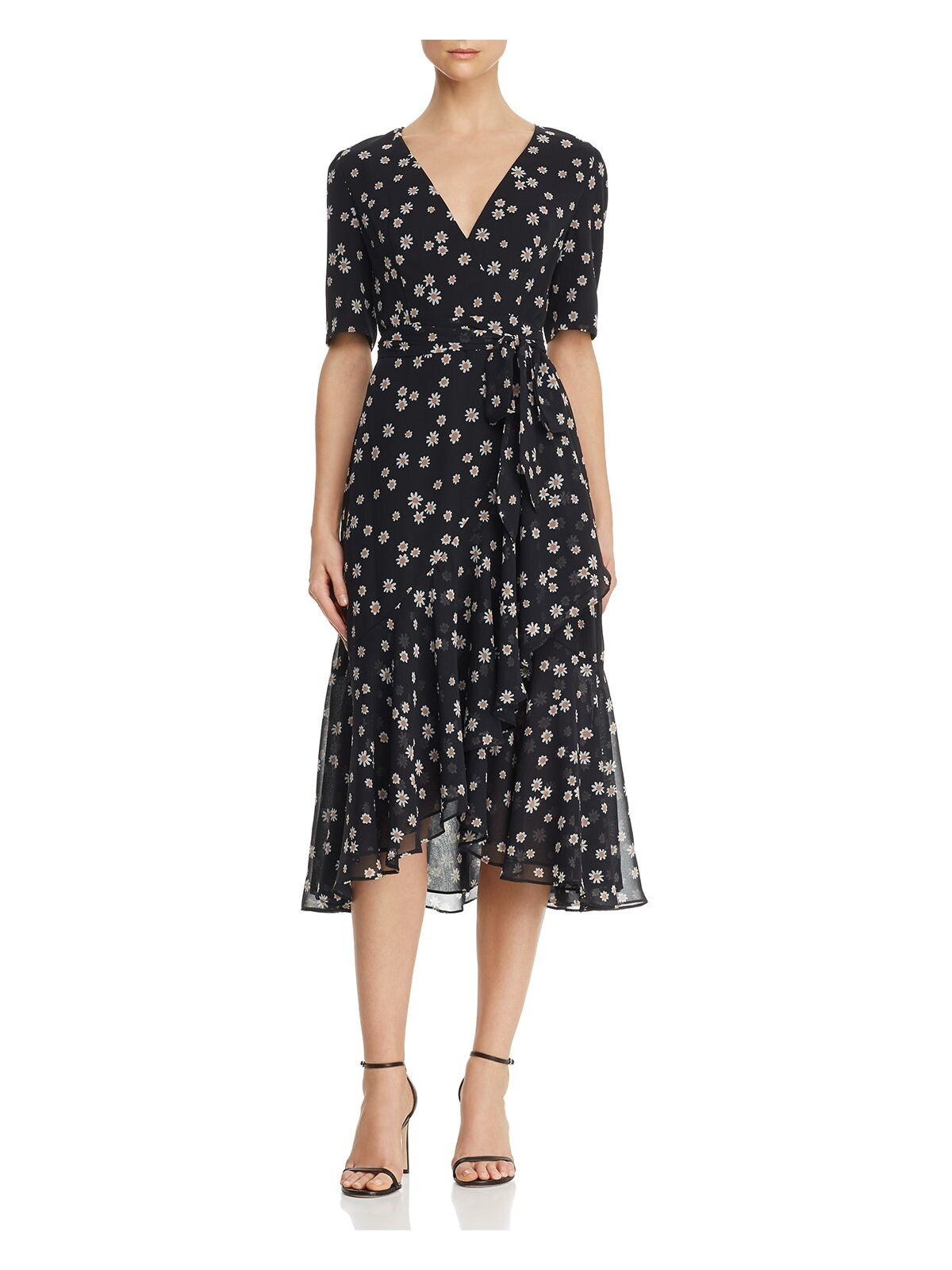 Fame and Partners Womens Floral Print Hi-Low Wrap Dress Daisy Black