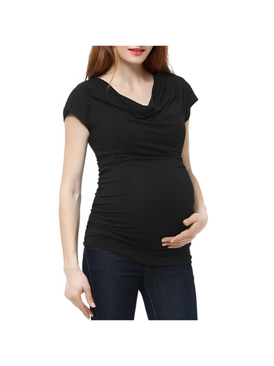 KIMI & KAI Womens Black Stretch Ruched Curved Hem Short Sleeve Cowl Neck Top Maternity S