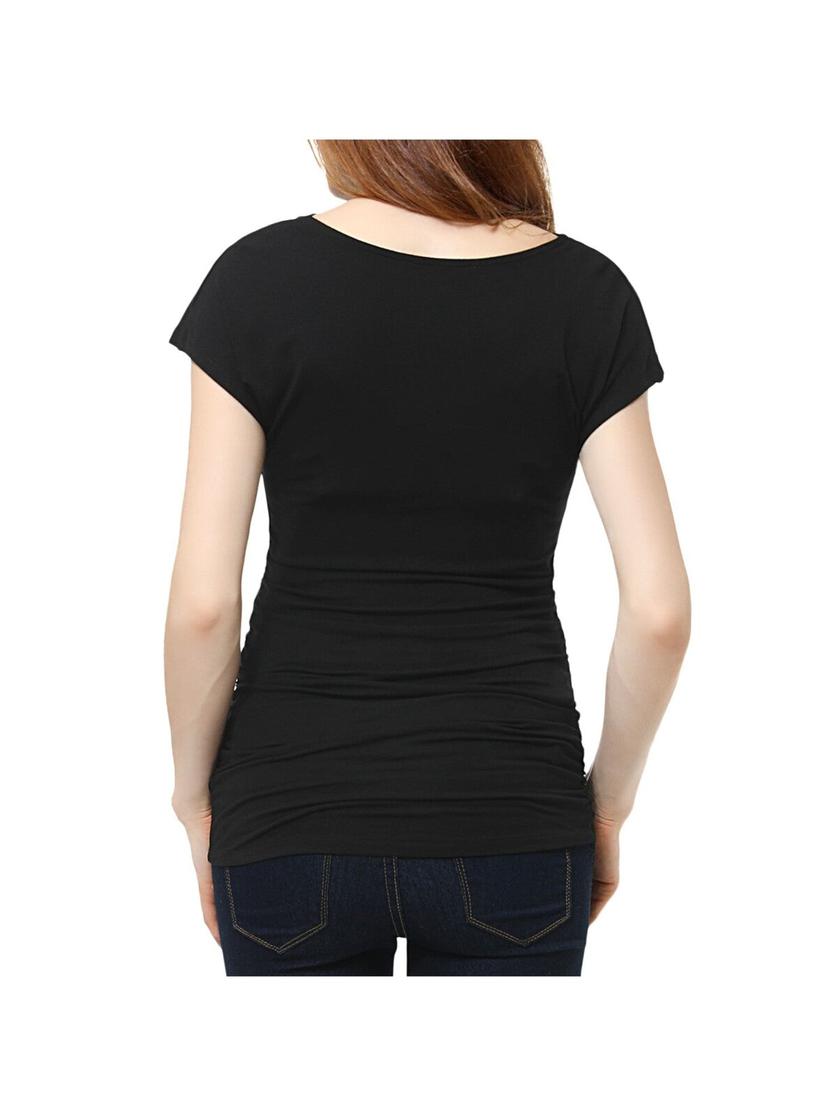 KIMI & KAI Womens Black Stretch Ruched Curved Hem Short Sleeve Cowl Neck Top Maternity S