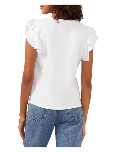 VINCE CAMUTO Womens White Ruffled Flutter Sleeve Jewel Neck Top L