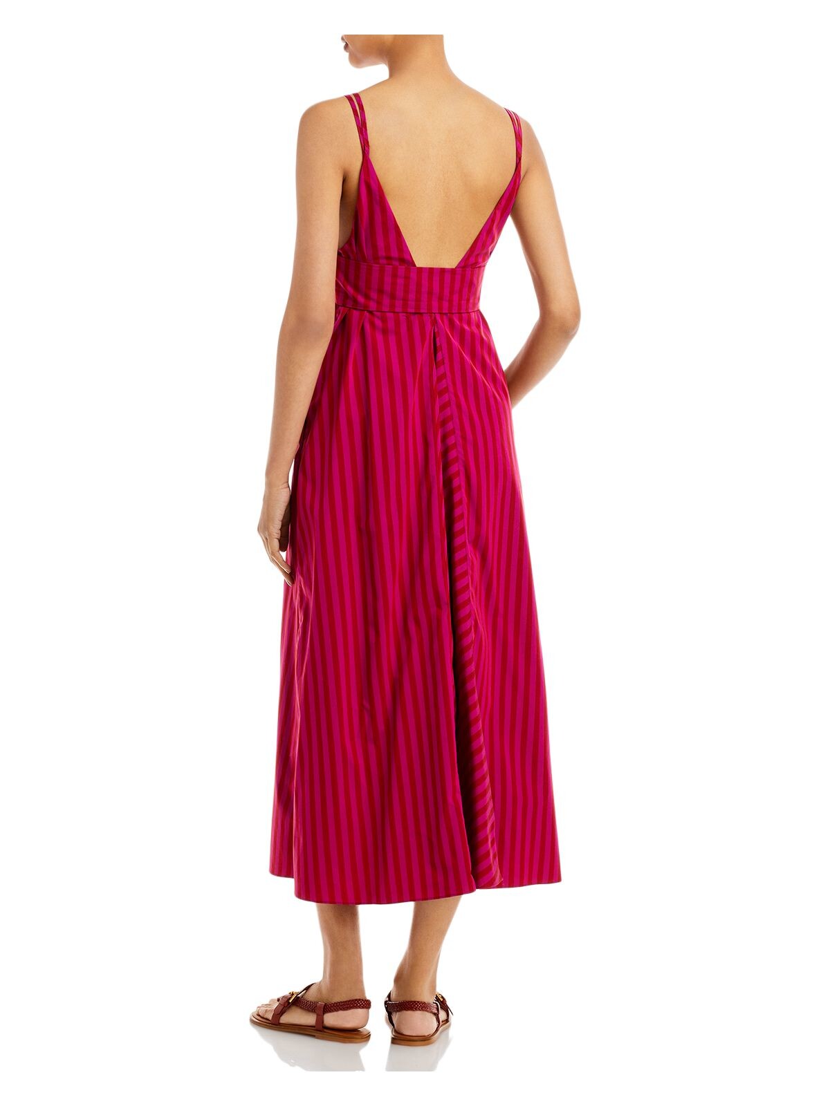 REBECCA TAYLOR Womens Pink Tie Open Back Unlined Textured Striped V Neck Tea-Length Fit + Flare Dress 2