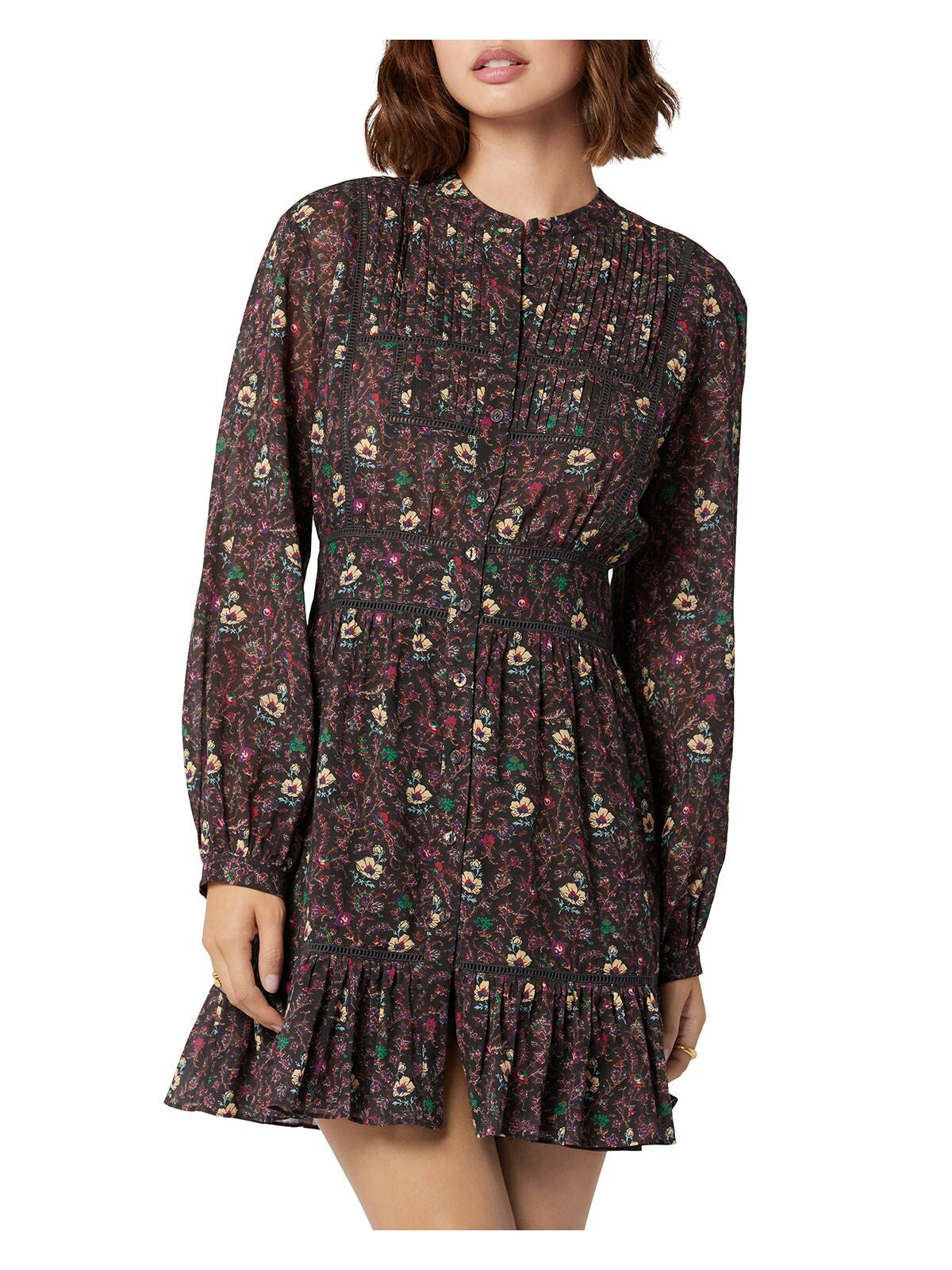 JOIE Womens Brown Ruffled Sheer Pintucked Button Up Ladder Trim Floral – Bobbi + Bricka