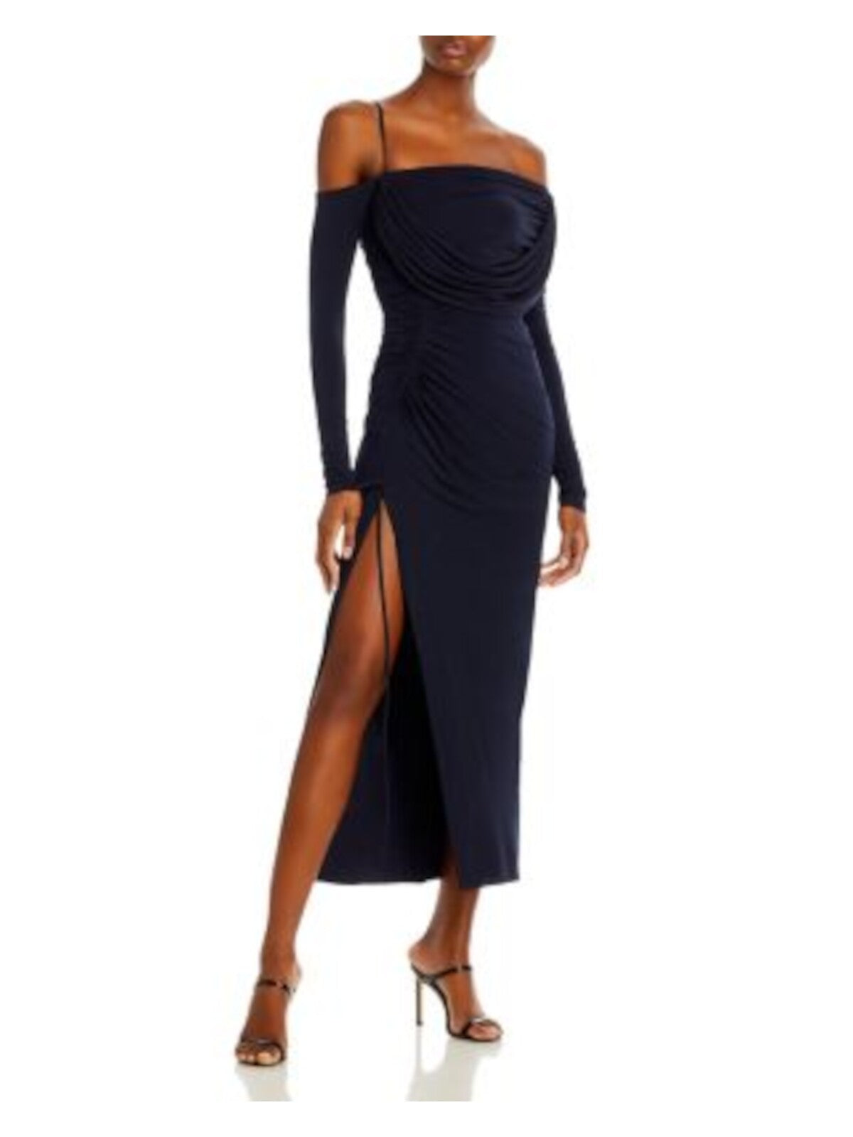 jason wu one shoulder dress JASON WU Womens Navy Zippered Slitted One Shoulder Strap Lined Long Sleeve  Off Shoulder Maxi Evening Sheath Dress