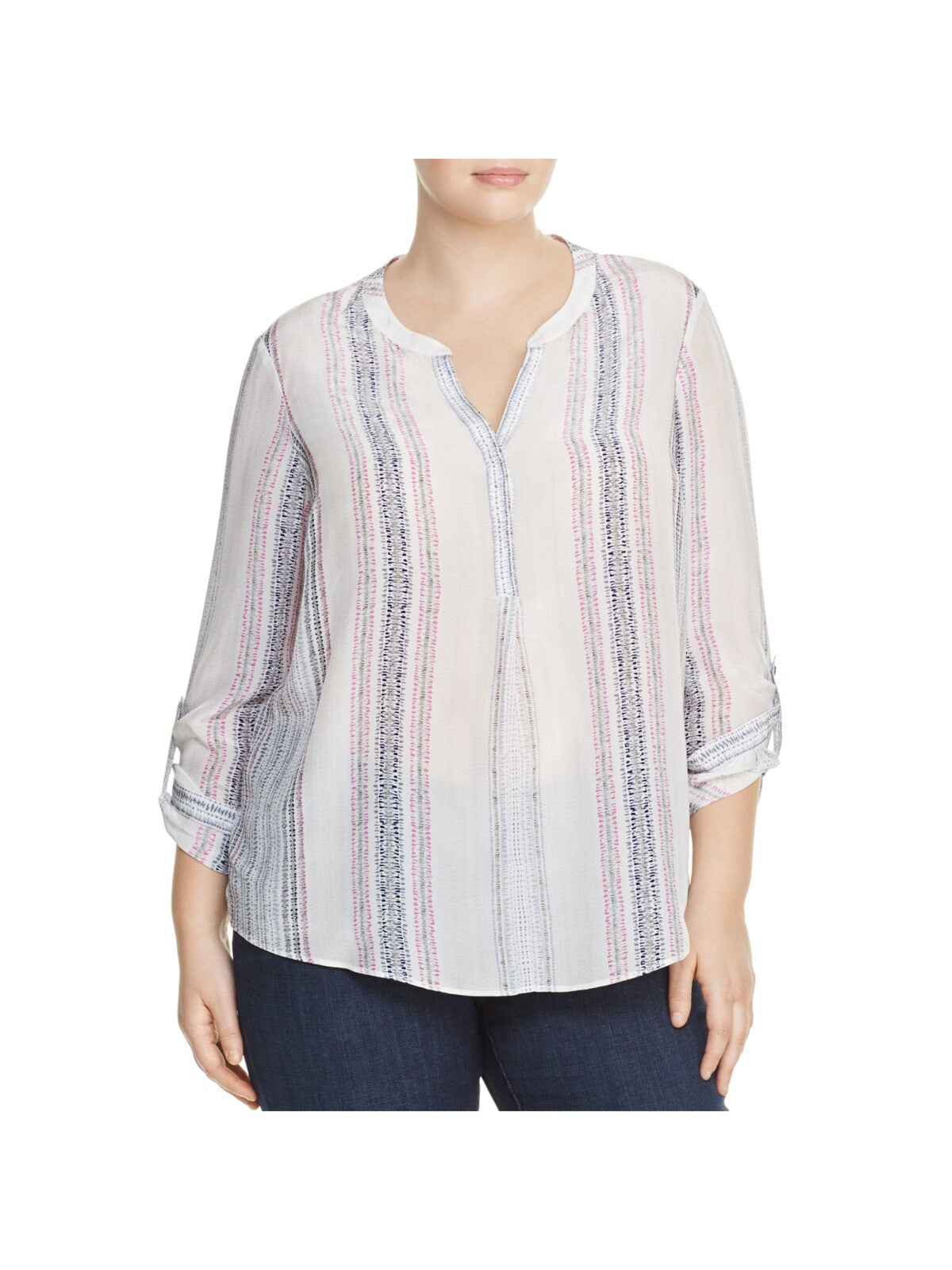 NIC+ZOE Womens Printed Roll-tab Sleeve Split Top