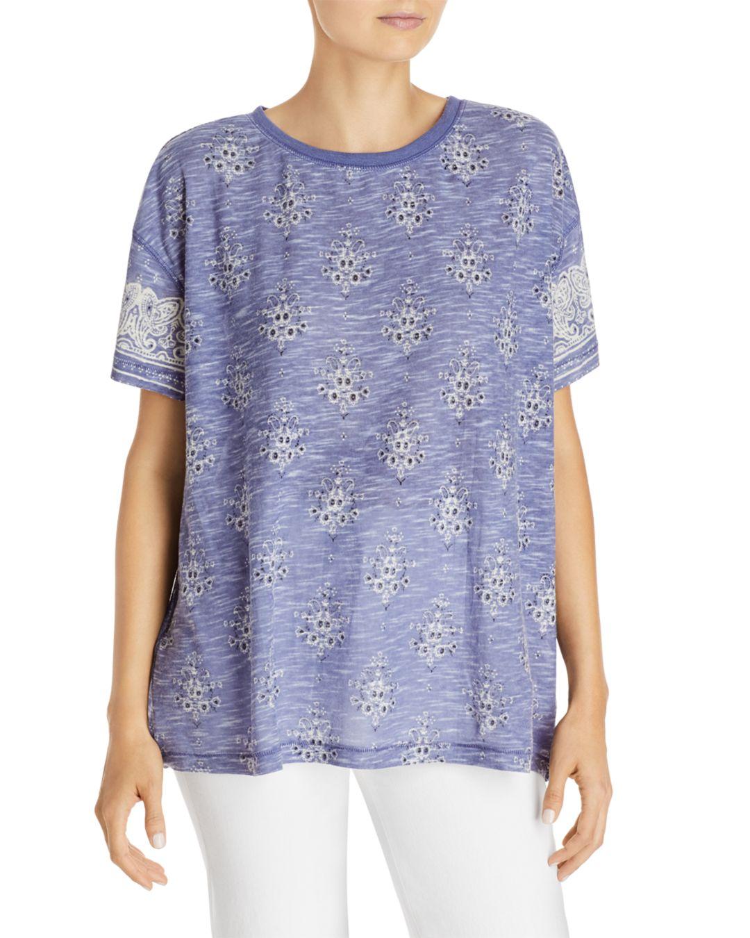 FREE PEOPLE Womens Blue Printed Short Sleeve Crew Neck T-Shirt S