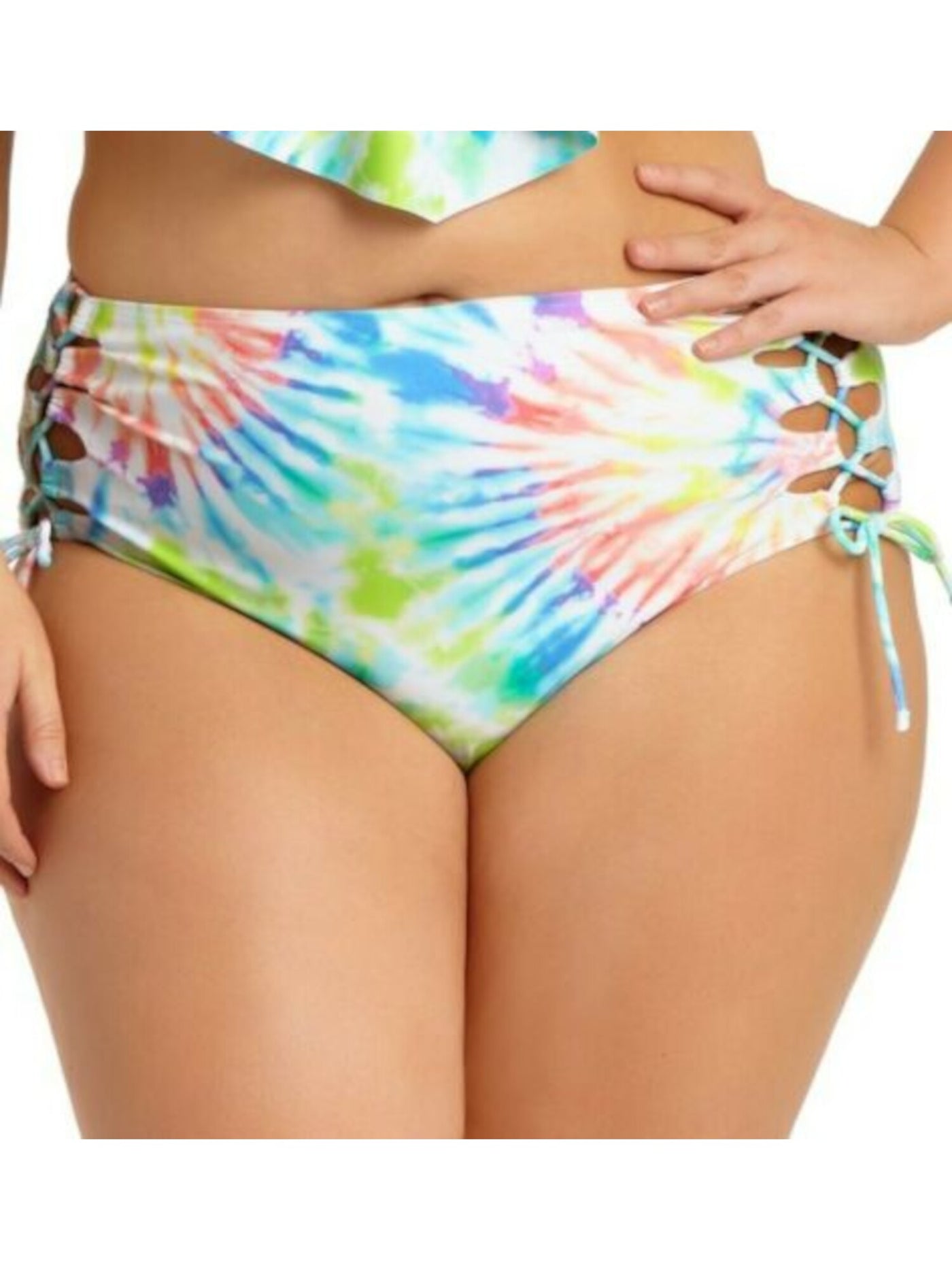 CALIFORNIA SUNSHINE Women's White Tie Dye Stretch Lace-Up Sides Lined Moderate Coverage High Waisted Swimsuit Bottom 3X