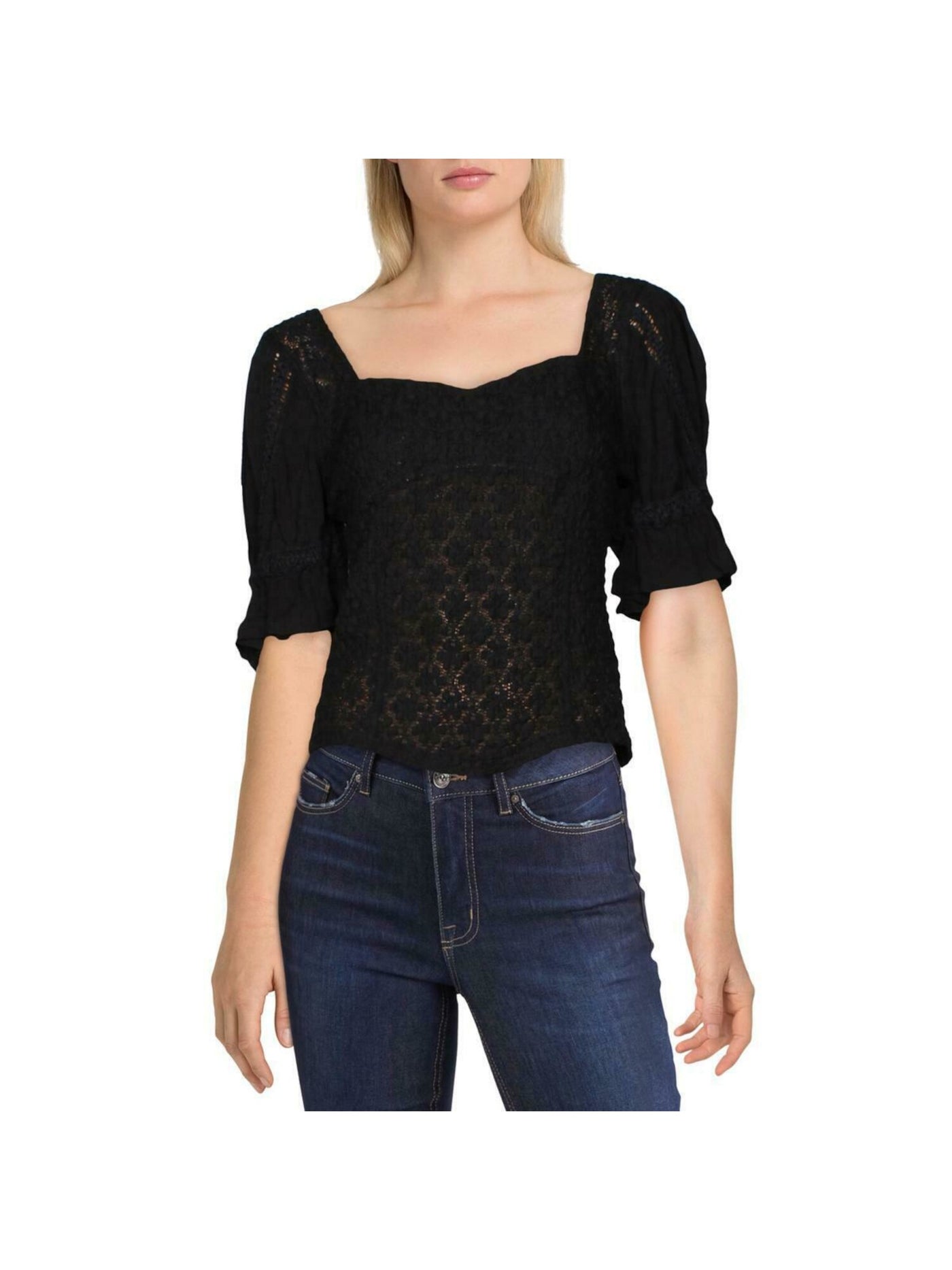 FREE PEOPLE Womens Black Lace Ruffled Short Sleeve Square Neck Top S