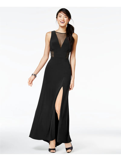MORGAN & CO Womens Black Sheer Slitted Sleeveless V Neck Full-Length Formal Fit & Flare Dress Juniors 3\4