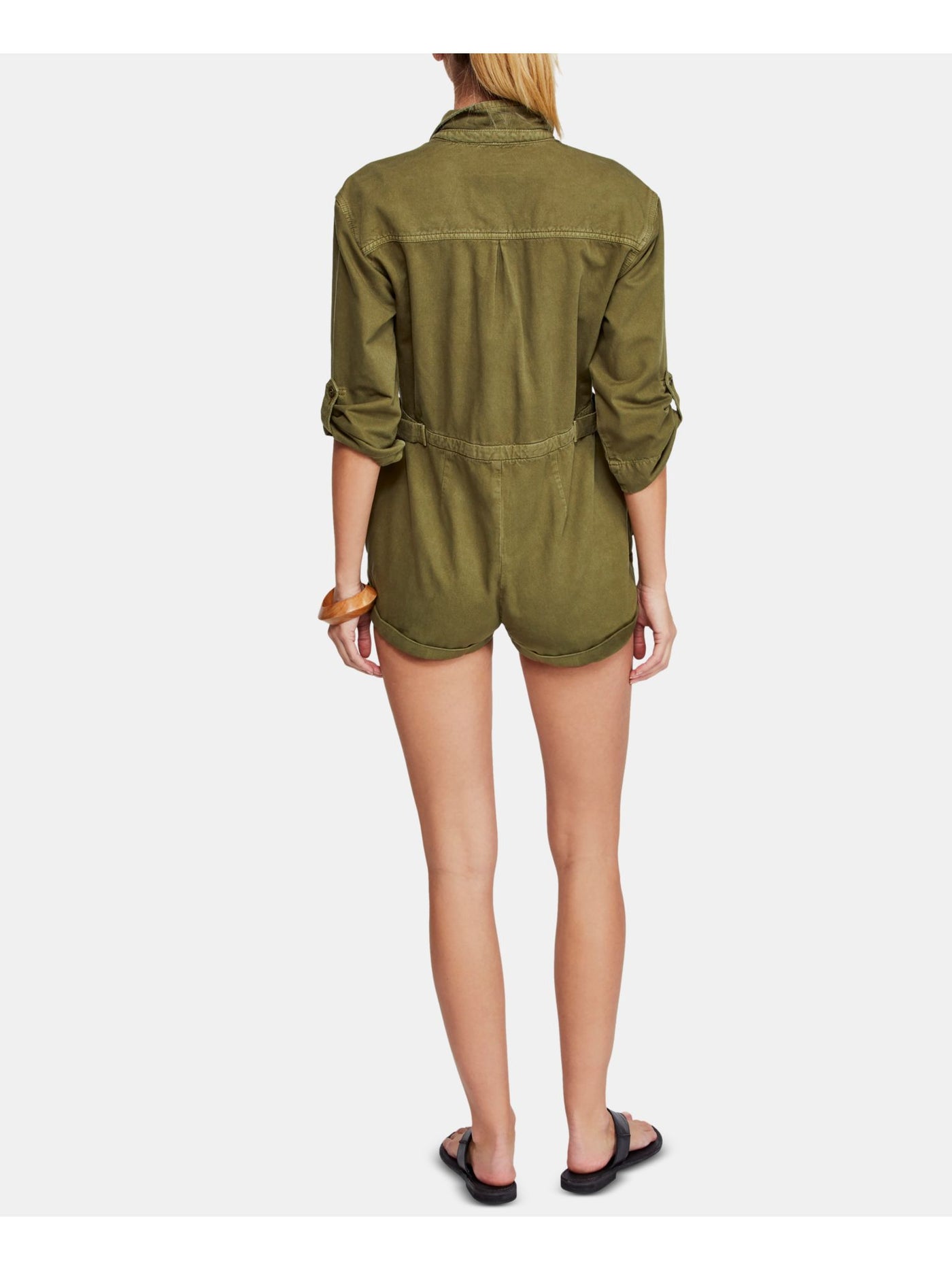 FREE PEOPLE Womens Green 3/4 Sleeve Collared Romper 4