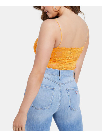 GUESS Womens Orange Lace  Snap Closure Spaghetti Strap V Neck Body Suit Top M