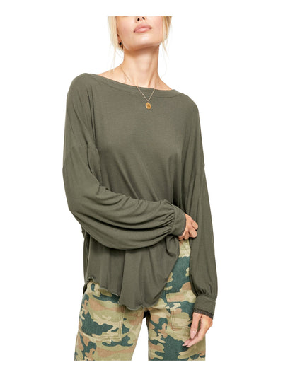 FREE PEOPLE Womens Green Ruched Long Sleeve Jewel Neck Top S