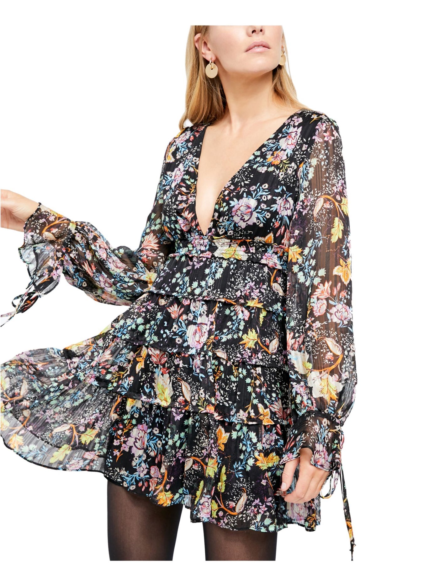 FREE PEOPLE Womens Black Floral Long Sleeve V Neck Mini Party Ruffled Dress S