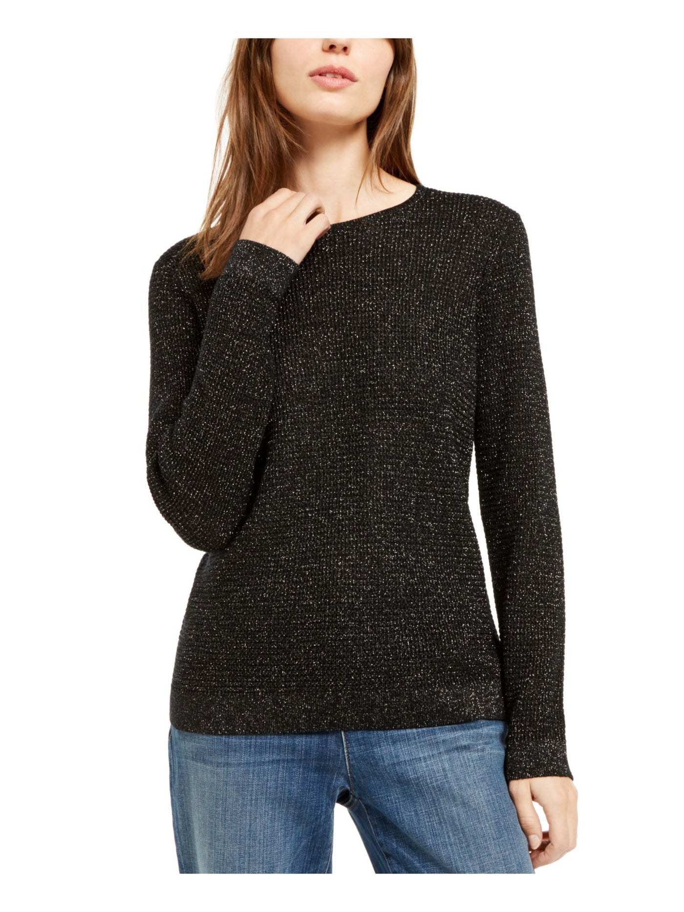 EILEEN FISHER Womens Black Long Sleeve Jewel Neck Evening Sweater L