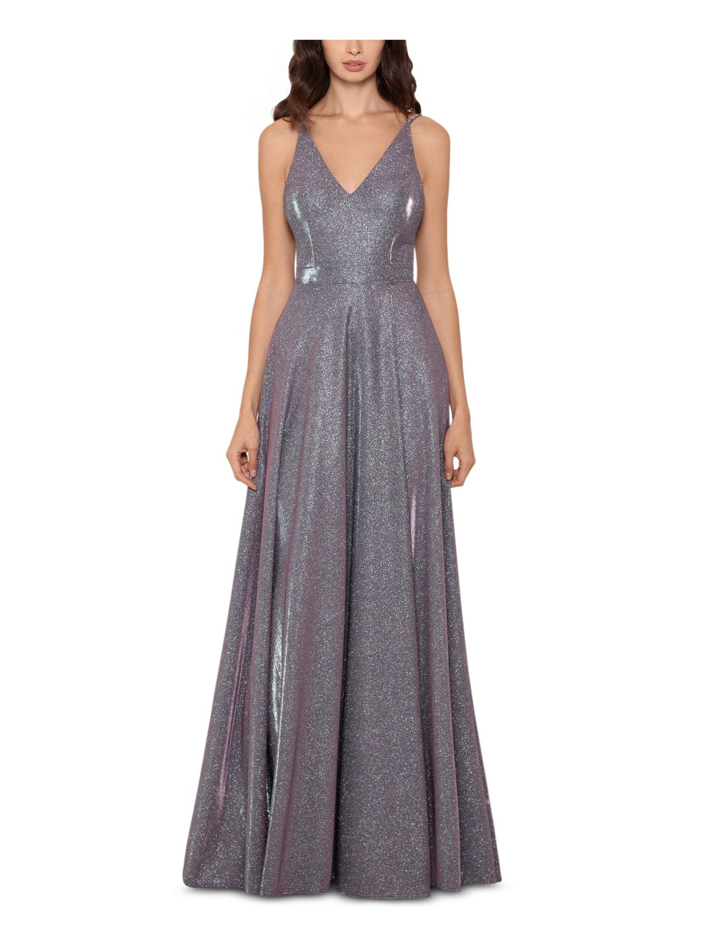 XSCAPE Womens Silver Glitter Pocketed Spaghetti Strap V Neck Full-Length Prom A-Line Dress 4