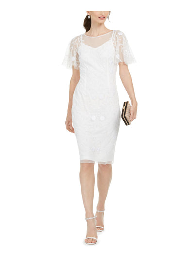 ADRIANNA PAPELL Womens Embellished Flutter Sleeve Illusion Neckline Knee Length Formal Sheath Dress