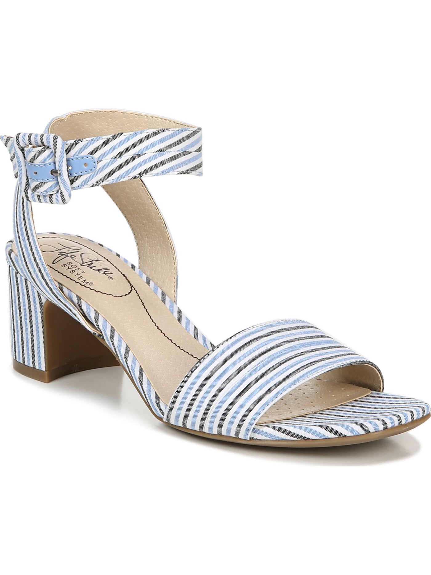 LIFE STRIDE Womens Light Blue Striped Ankle Strap Cushioned Carnival Round Toe Block Heel Buckle Dress Sandals Shoes 7 M
