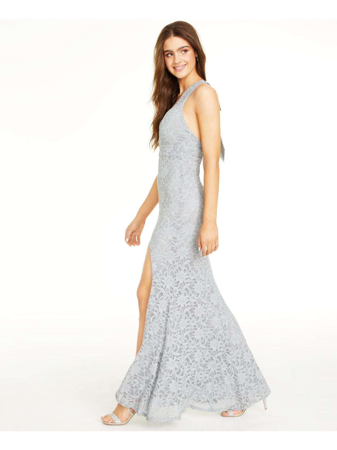 CITY STUDIO Womens Silver Glitter Lace Floral Sleeveless V Neck Full-Length  Sheath Prom Dress Juniors 3