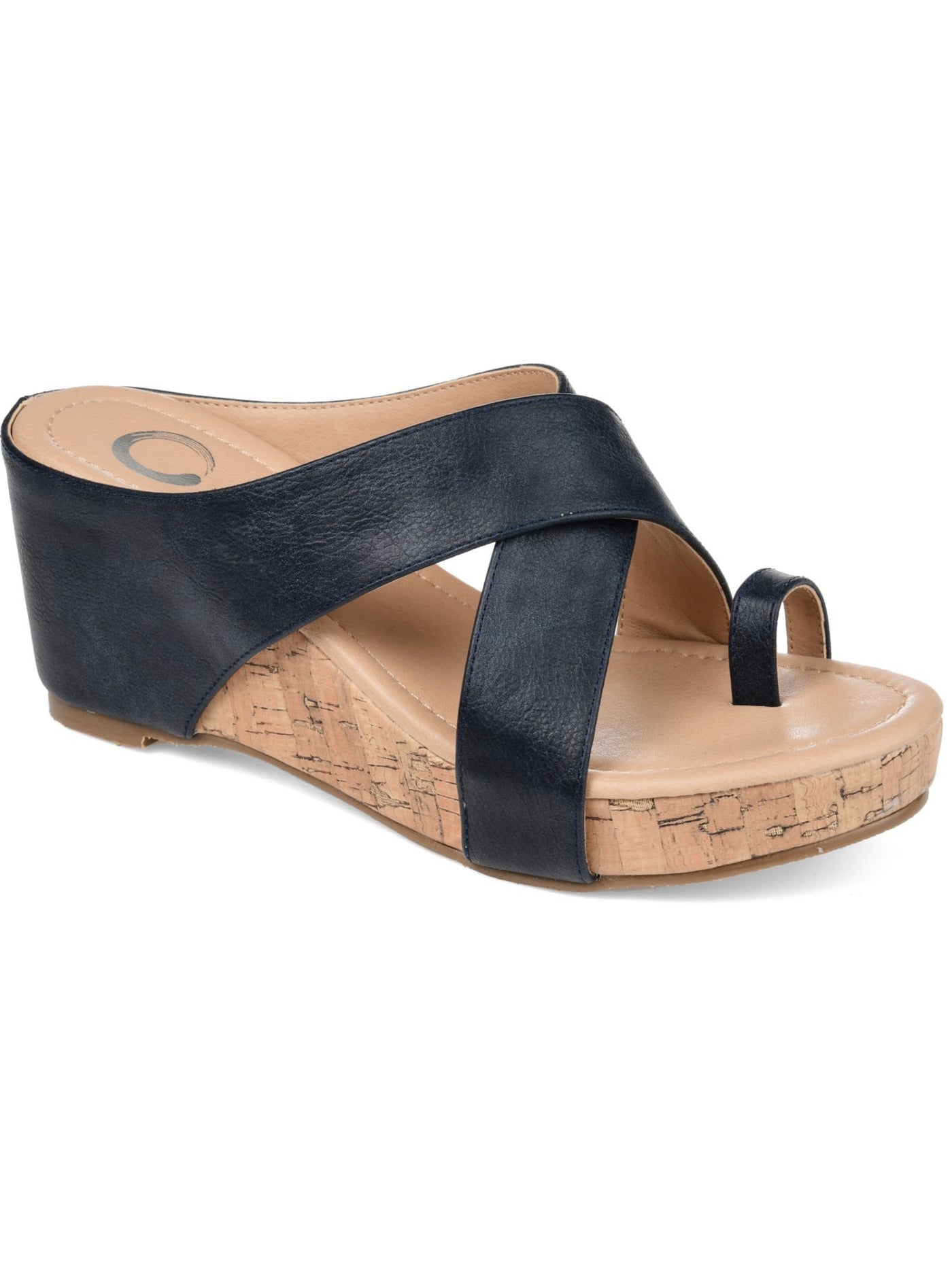 JOURNEE COLLECTION Womens Navy Crisscross Design Toe Loop Detail Cork-Like Cushioned Open Back Shoe Rayna Round Toe Wedge Slip On Sandals Shoes 6.5