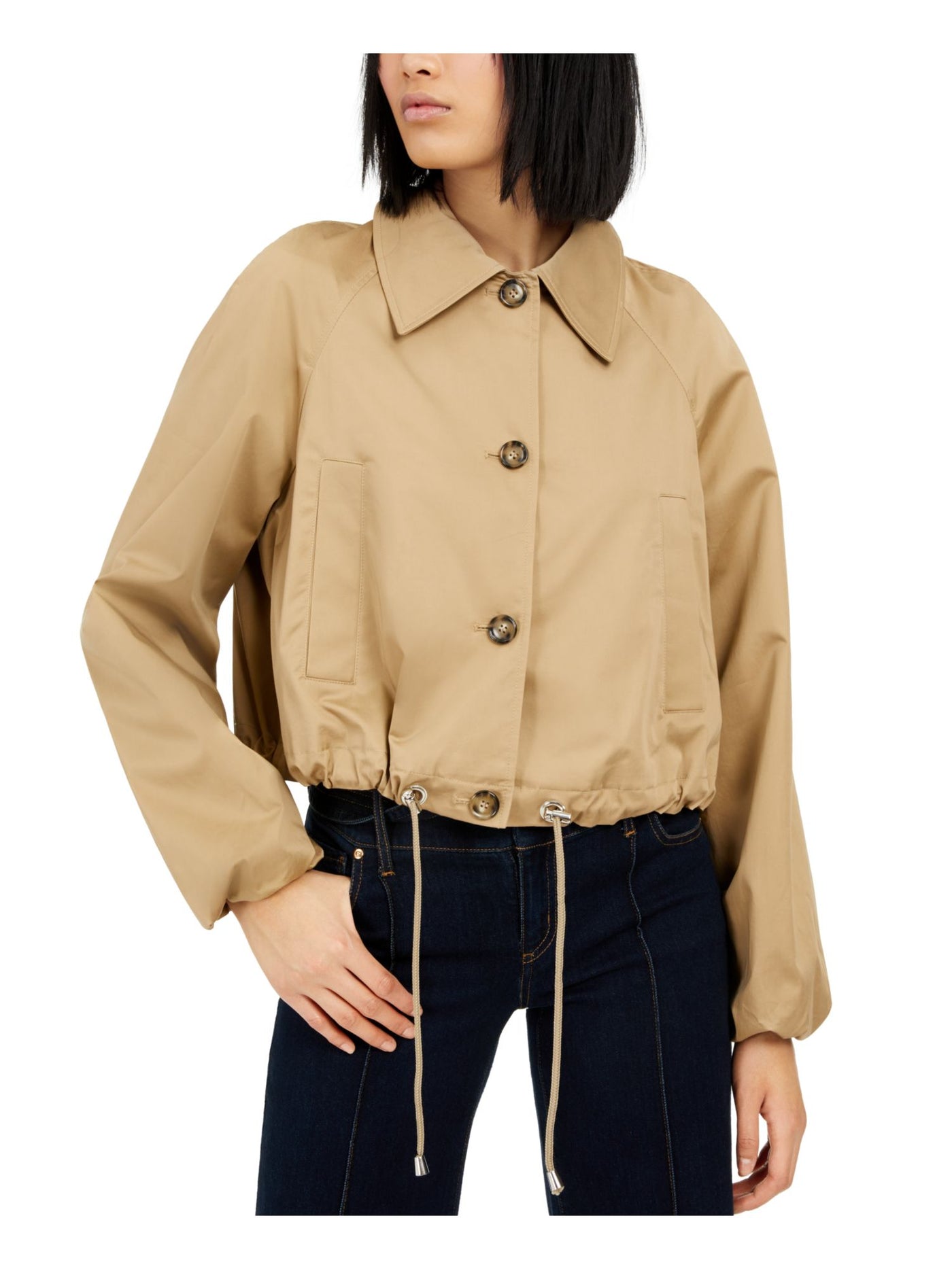 INC Womens Beige Pocketed Button Long Sleeve Collared Button Up Bomber Top L