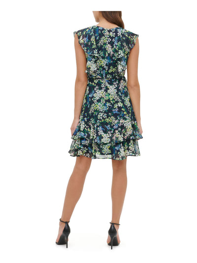 TOMMY HILFIGER Womens Navy Ruffled Tie Zippered Floral Cap Sleeve V Neck Short Fit + Flare Dress 6