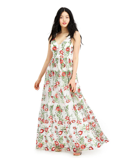 CITY STUDIO Womens Ivory Embroidered Zippered Gown Floral Sleeveless V Neck Full-Length Dress Juniors 1