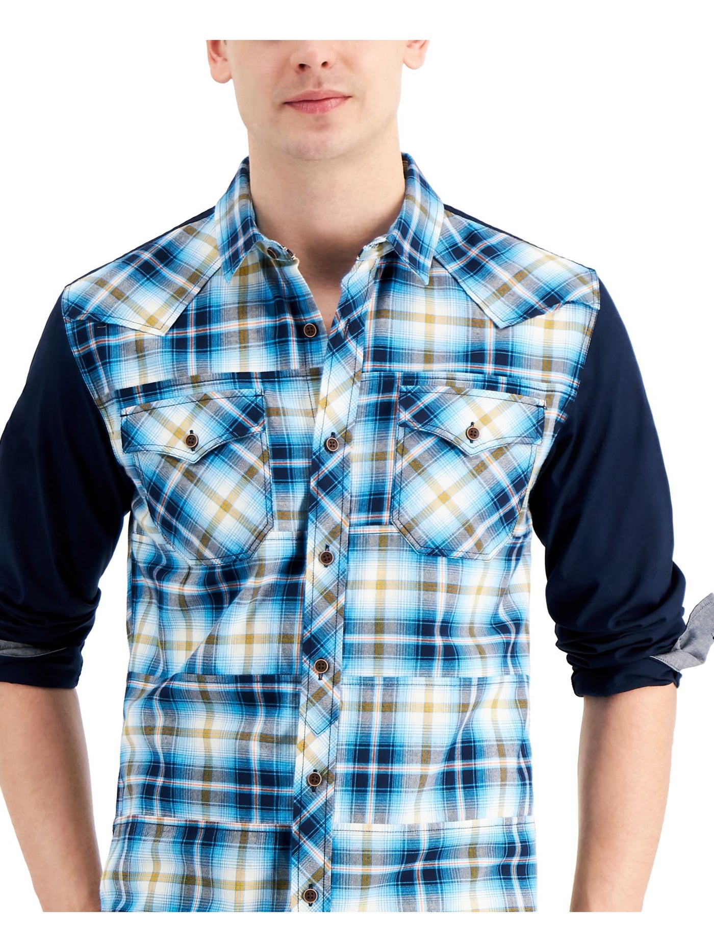 SUN STONE Mens Blue Long Sleeve Point Collar Classic Fit Button Down Shirt XXL