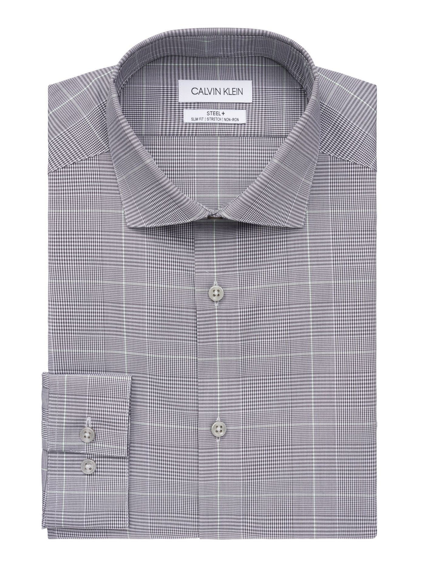 CALVIN KLEIN Mens Steel Gray Easy Care, Plaid Spread Collar Slim Fit Moisture Wicking Dress Shirt XL 17.5- 34/35