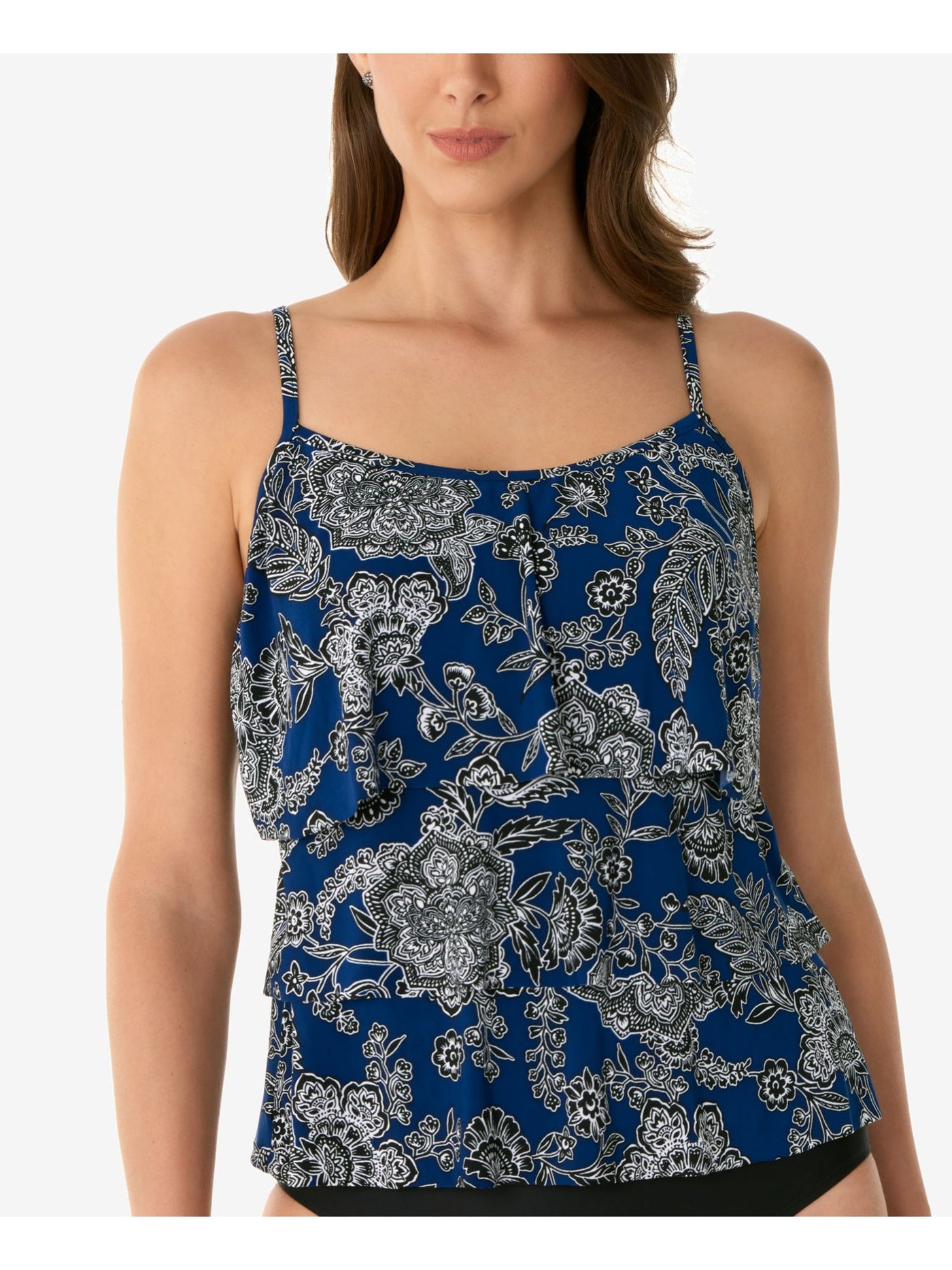 SWIM SOLUTIONS Women's Navy Paisley Stretch Full Bust Support Lined Adjustable Tiered Scoop Neck Tankini Swimsuit Top 10
