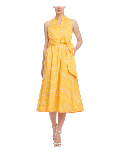 ANNE KLEIN Womens Yellow Stretch Pocketed Ruched Tie Polka Dot Sleeveless Split Midi Formal Fit + Flare Dress XXS