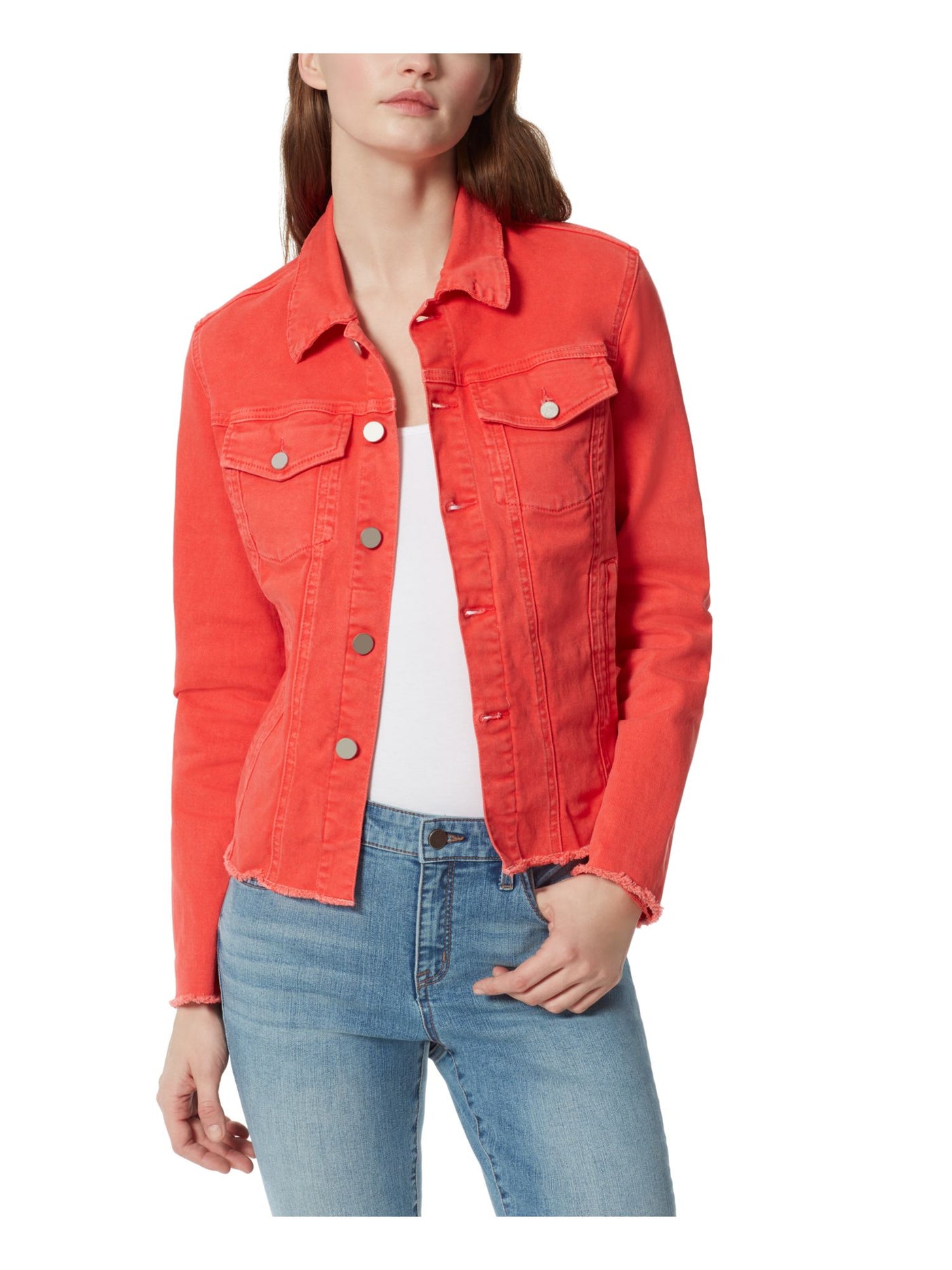 FRAYED JEANS Womens Coral Pocketed Raw Hem Button Down Jacket XL