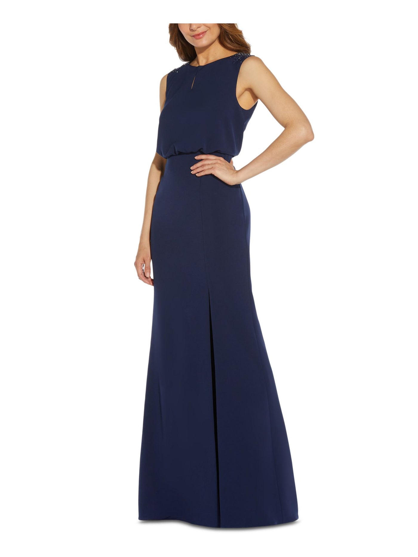 ADRIANNA PAPELL Womens Navy Stretch Embellished Slitted Keyhole Zippered Lined Sleeveless Boat Neck Maxi Formal Blouson Dress 6