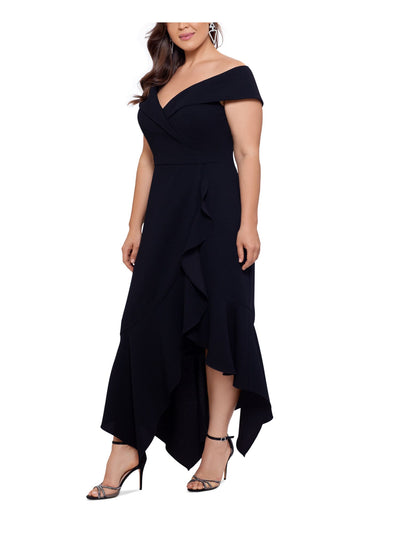 XSCAPE Womens Black Stretch Zippered Ruffled Asymmetrical Hi-lo Hem Short Sleeve Off Shoulder Maxi Evening Fit + Flare Dress 10