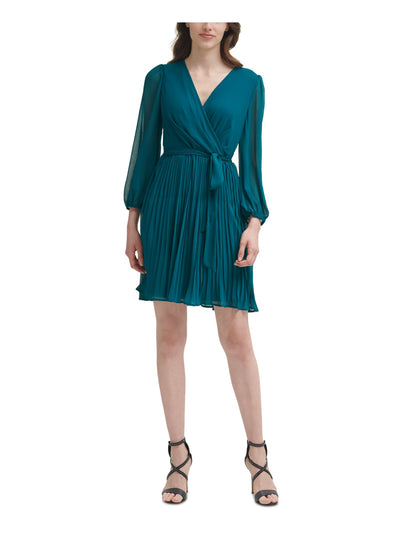 DKNY Womens Green Tie Zippered Balloon Sleeve Surplice Neckline Above The Knee Cocktail Knife Pleated Dress 12