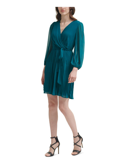 DKNY Womens Green Tie Zippered Balloon Sleeve Surplice Neckline Above The Knee Cocktail Knife Pleated Dress 12