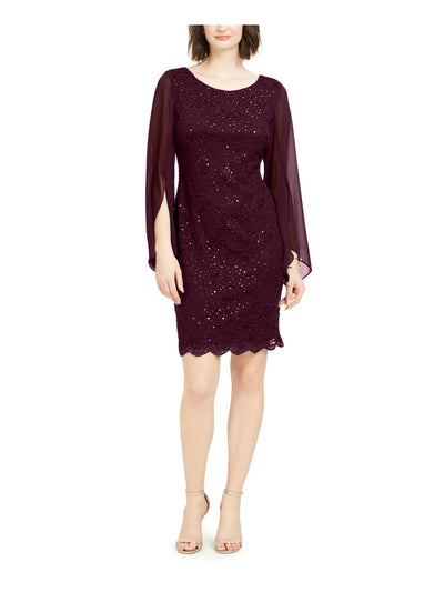 CONNECTED APPAREL Womens Purple Stretch Lace Sequined Scalloped Hem Floral Flutter Sleeve Round Neck Above The Knee Party Sheath Dress 6
