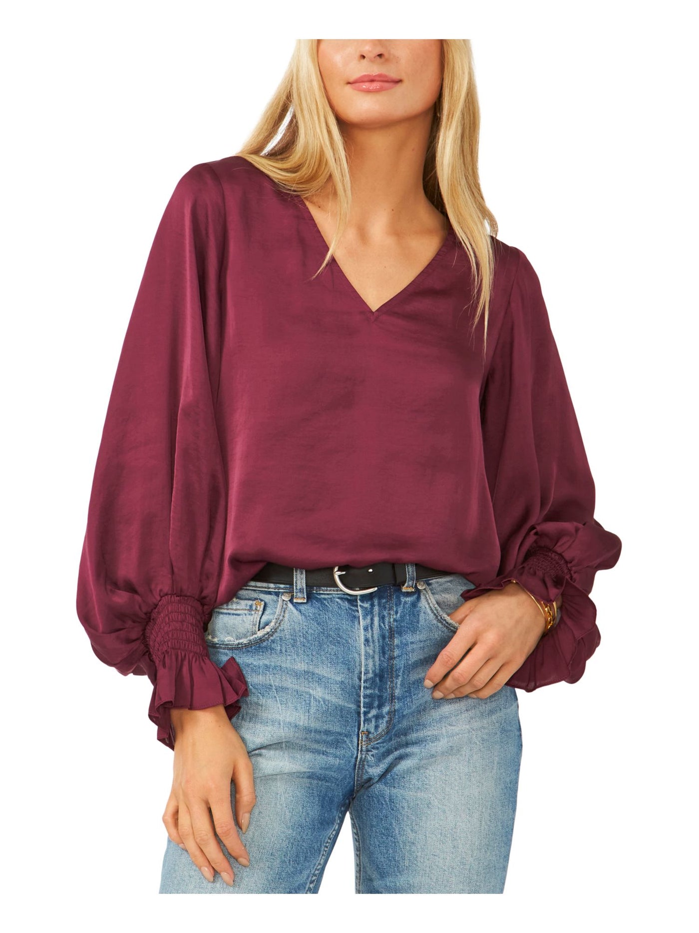 VINCE CAMUTO Womens Burgundy Ruffled Smocked Pouf Sleeve V Neck Top XS