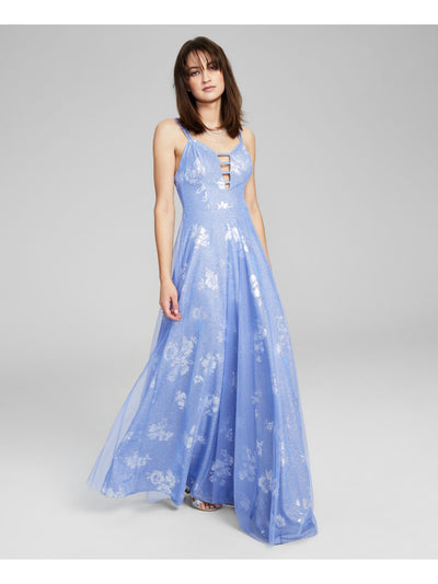 CITY STUDIO Womens Blue Glitter Zippered Strappy Detail Lined Floral Sleeveless V Neck Full-Length Prom Gown Dress Juniors 1