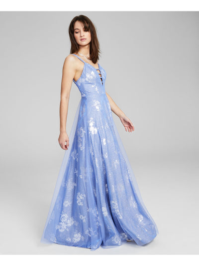 CITY STUDIO Womens Blue Glitter Zippered Strappy Detail Lined Floral Sleeveless V Neck Full-Length Prom Gown Dress Juniors 1