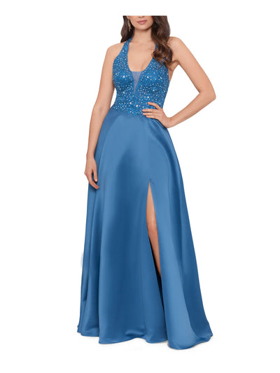 BLONDIE NITES Womens Blue Embellished Zippered Plunging V-neck Mesh Back Straps Sleeveless Full-Length Prom Fit + Flare Dress Juniors 7