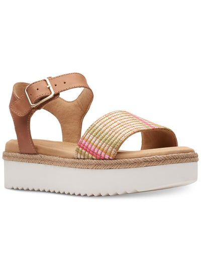 CLARKS COLLECTION Womens Beige Striped Padded Woven Lana Shore Round Toe Wedge Buckle Leather Slingback Sandal 5 M